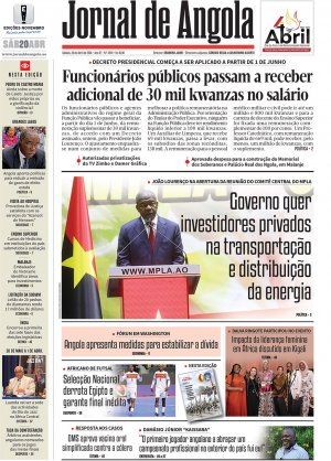 Capa do Jornal de Angola, Sábado, 20 de Abril de 2024